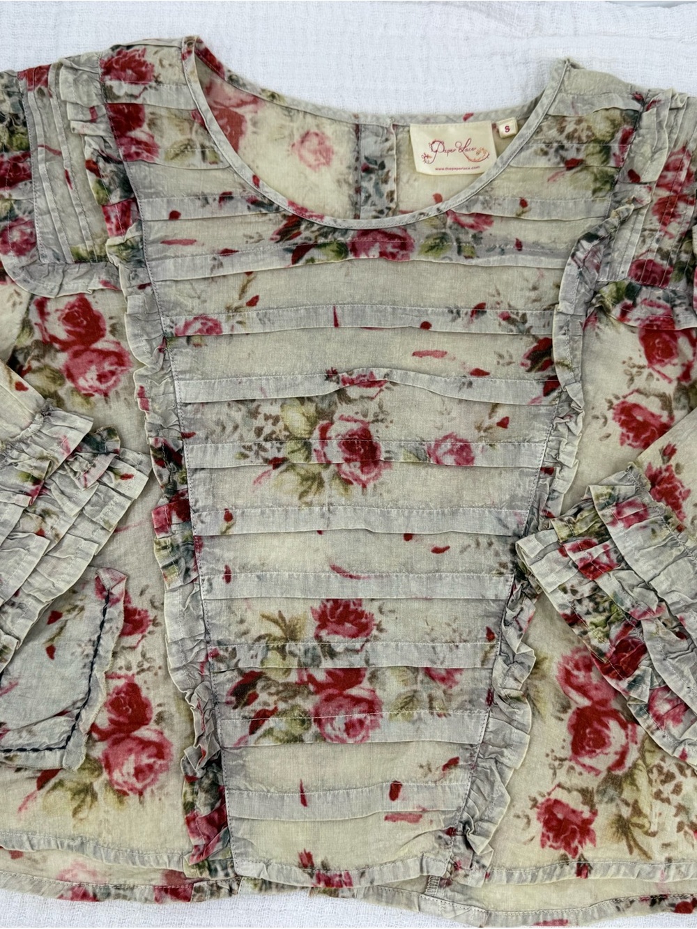 Romantic Pintuck Floral Blouse - Red Rose on Cream